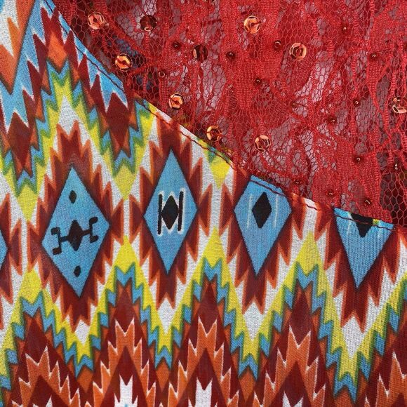 Lucy Diamonds Blouse Womens 1X Aztec Sheer Red Lace Shoulder Bright Multicolor - Picture 3 of 8